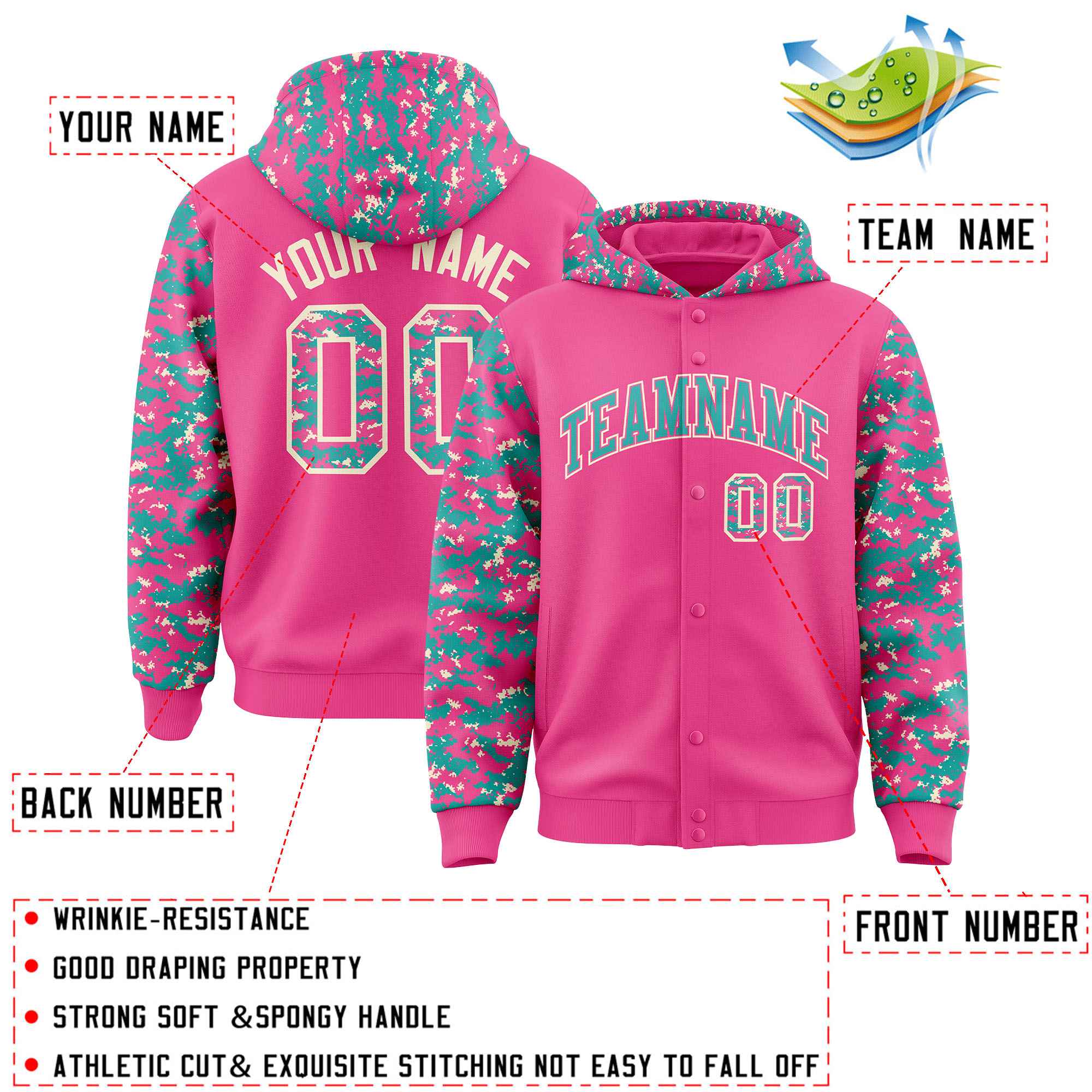 Custom Pink Aqua-Cream Raglan Sleeves Varsity Full-Snap Letterman Camo Hoodie Jacket