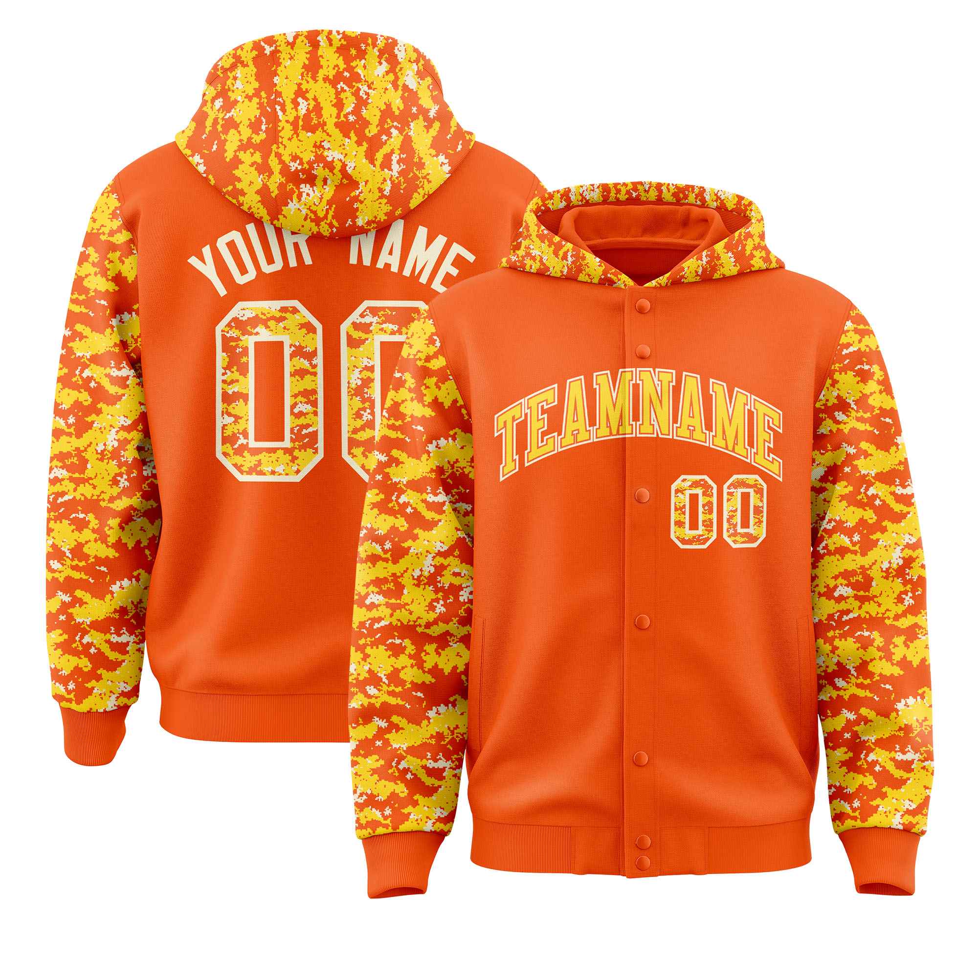 Custom Orange Gold-Cream Raglan Sleeves Varsity Full-Snap Letterman Camo Hoodie Jacket