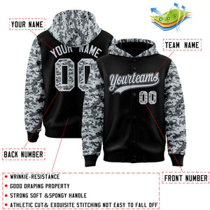 Custom Black Silver-Gray Raglan Sleeves Varsity Full-Snap Letterman Camo Hoodie Jacket