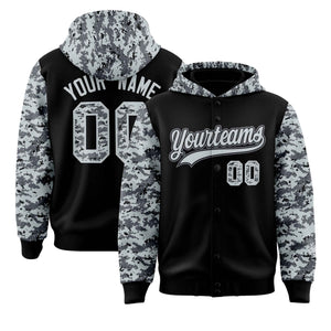 Custom Black Silver-Gray Raglan Sleeves Varsity Full-Snap Letterman Camo Hoodie Jacket