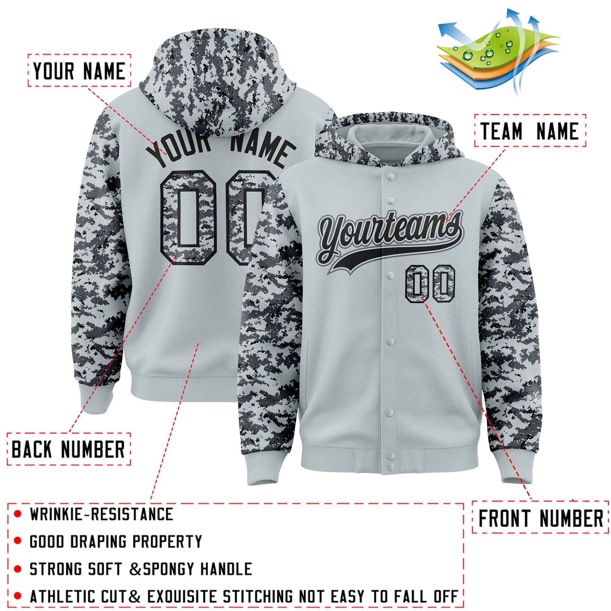 Custom Silver Gray-Black Raglan Sleeves Varsity Full-Snap Letterman Camo Hoodie Jacket