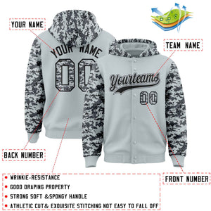 Custom Silver Gray-Black Raglan Sleeves Varsity Full-Snap Letterman Camo Hoodie Jacket