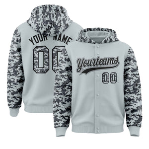 Custom Silver Gray-Black Raglan Sleeves Varsity Full-Snap Letterman Camo Hoodie Jacket