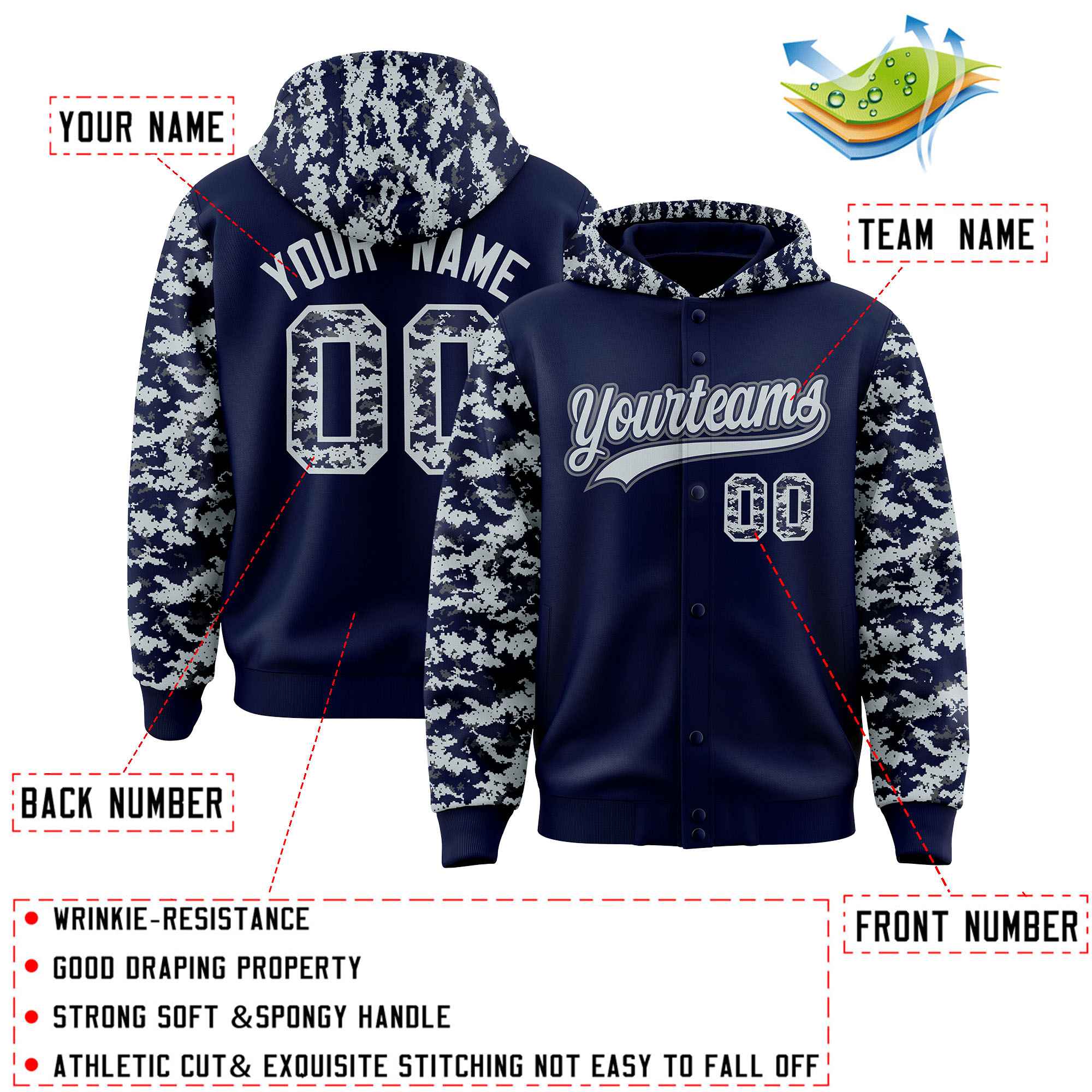 Custom Navy Silver-Gray Raglan Sleeves Varsity Full-Snap Letterman Camo Hoodie Jacket