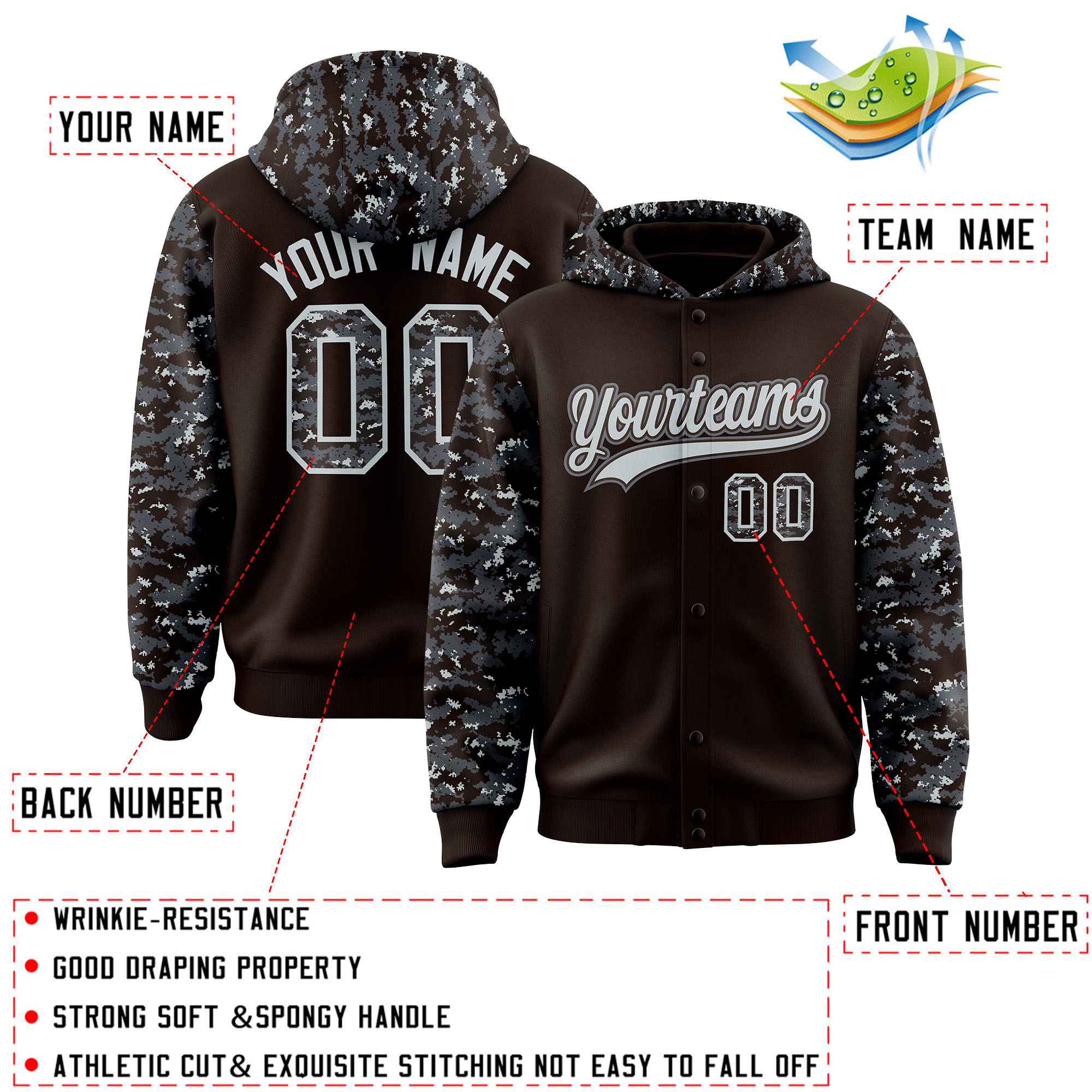 Custom Brown Gray-Silver Raglan Sleeves Varsity Full-Snap Letterman Camo Hoodie Jacket