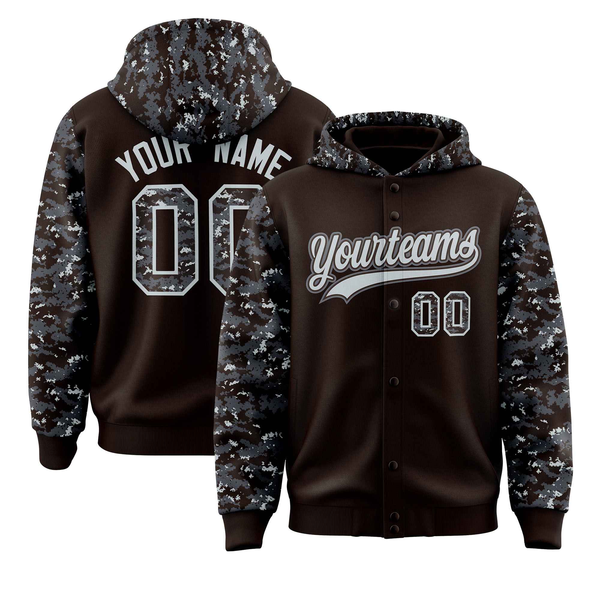 Custom Brown Gray-Silver Raglan Sleeves Varsity Full-Snap Letterman Camo Hoodie Jacket