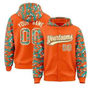 Custom Orange Aqua-Cream Raglan Sleeves Varsity Full-Snap Letterman Camo Hoodie Jacket