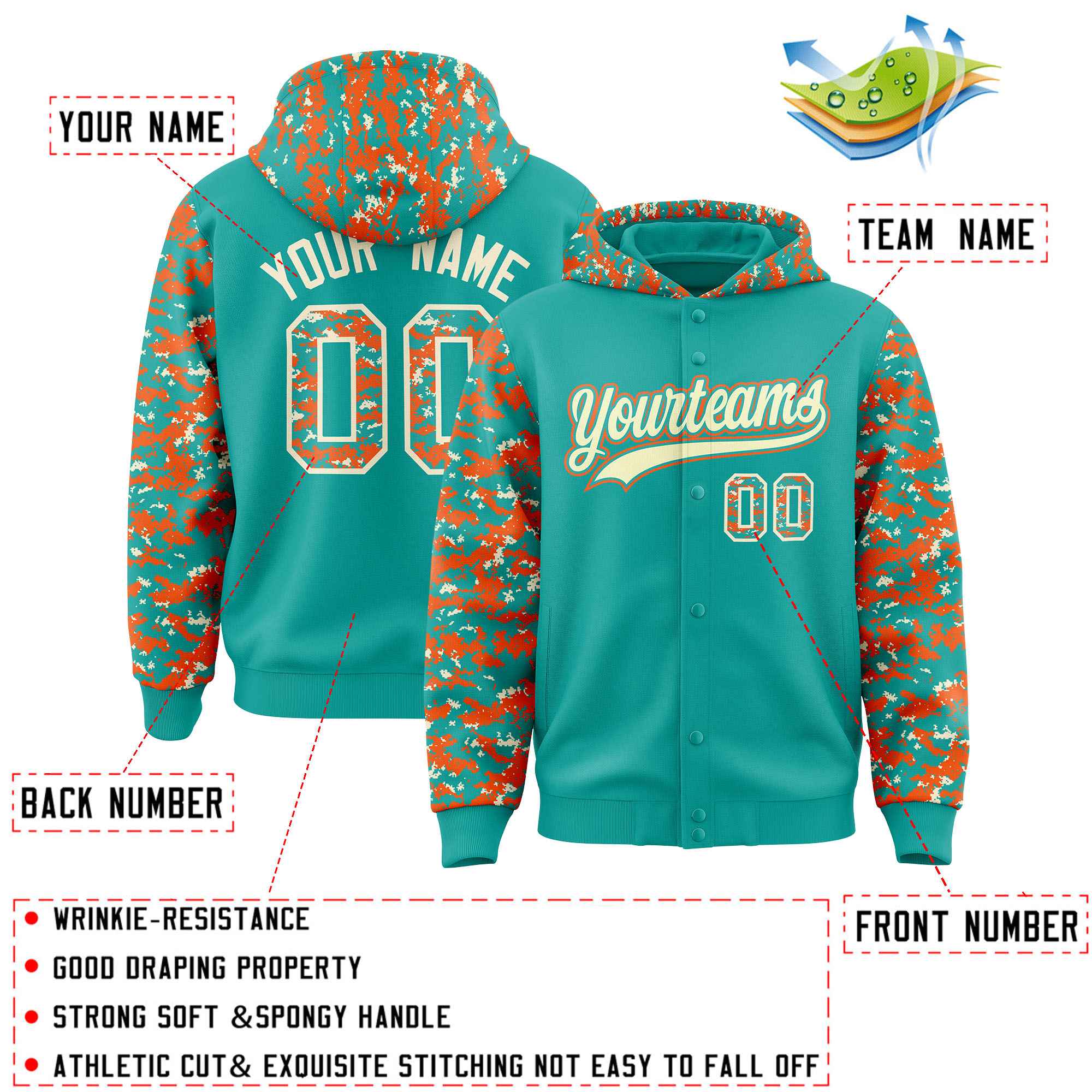 Custom Aqua Orange-Cream Raglan Sleeves Varsity Full-Snap Letterman Camo Hoodie Jacket