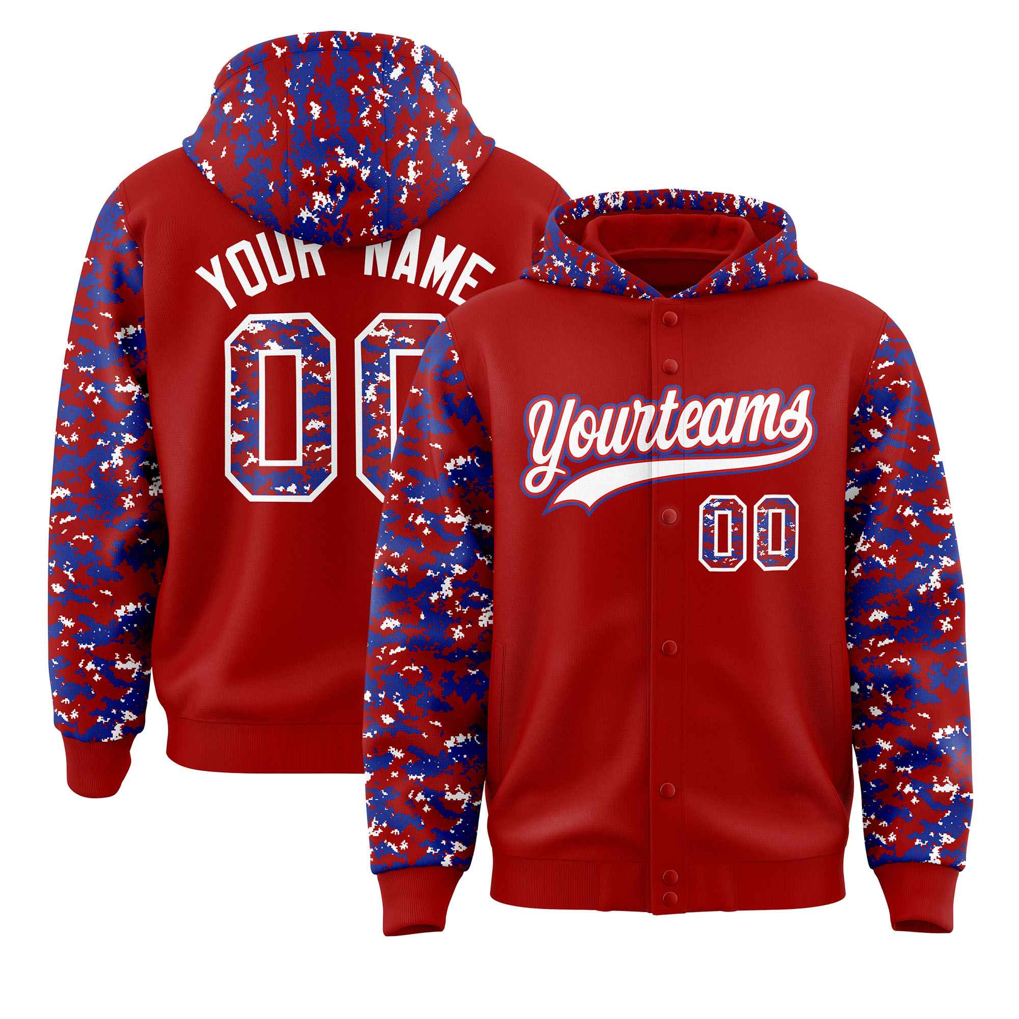 Custom Red Royal-White Raglan Sleeves Varsity Full-Snap Letterman Camo Hoodie Jacket