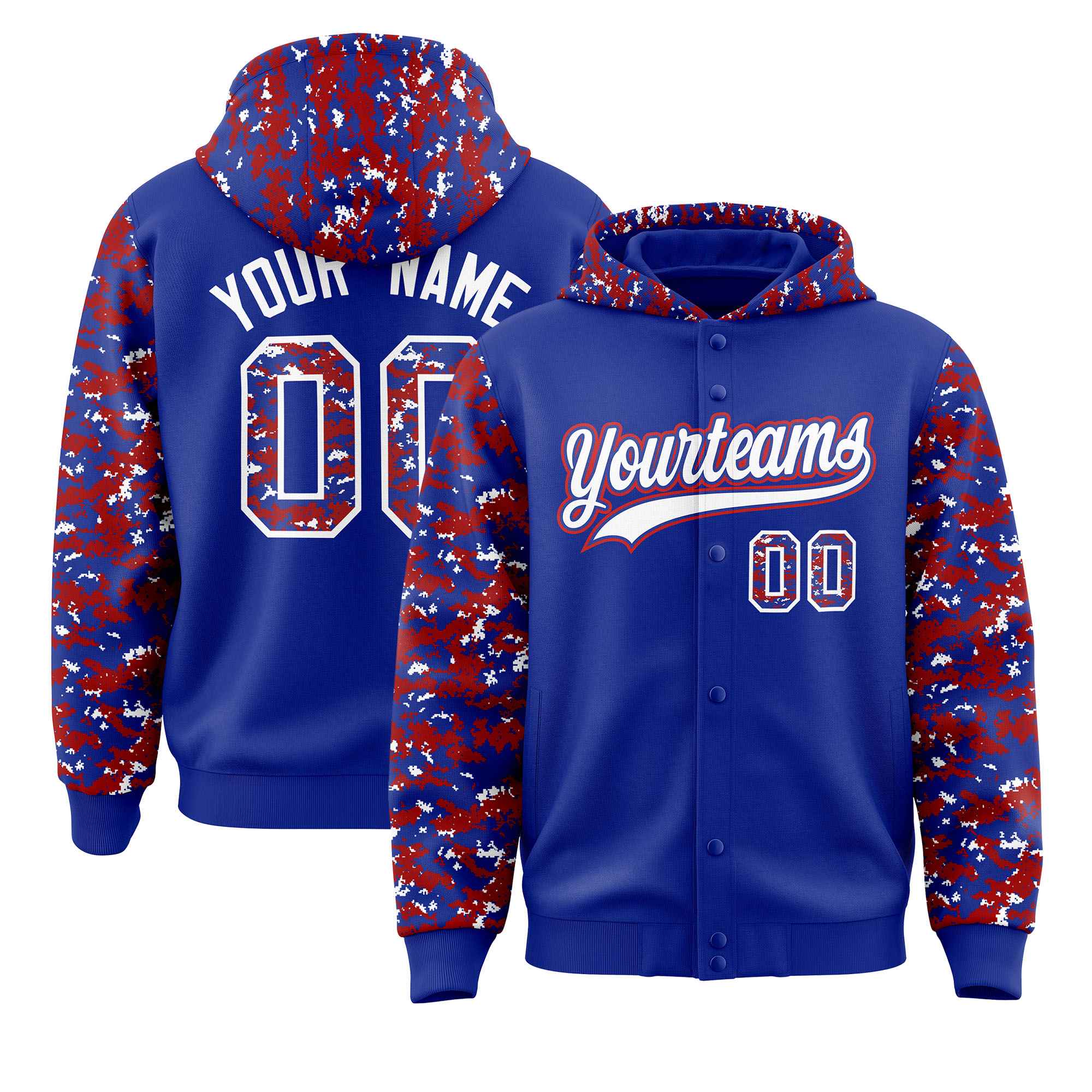 Custom Royal Red-White Raglan Sleeves Varsity Full-Snap Letterman Camo Hoodie Jacket