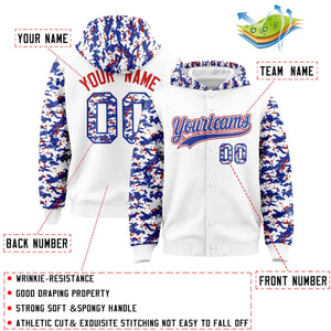 Custom White Royal-Red Raglan Sleeves Varsity Full-Snap Letterman Camo Hoodie Jacket