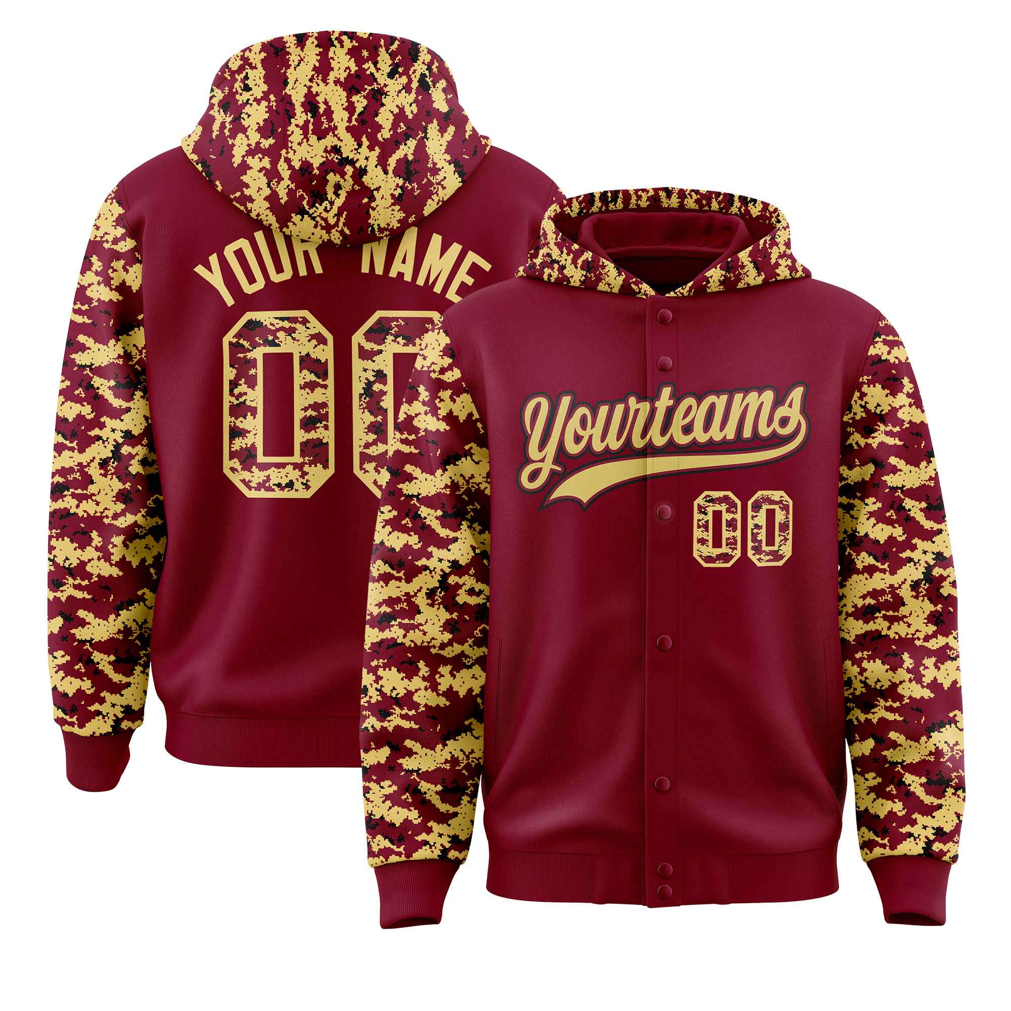 Custom Crimson Khaki-Black Raglan Sleeves Varsity Full-Snap Letterman Camo Hoodie Jacket