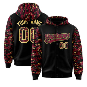 Custom Black Crimson-Khaki Raglan Sleeves Varsity Full-Snap Letterman Camo Hoodie Jacket