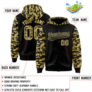 Custom Black Old Gold- Raglan Sleeves Varsity Full-Snap Letterman Camo Hoodie Jacket