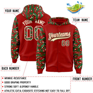 Custom Red Kelly Green-Cream Raglan Sleeves Varsity Full-Snap Letterman Camo Hoodie Jacket