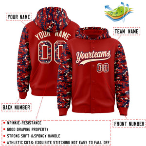 Custom Red Navy-Cream Raglan Sleeves Varsity Full-Snap Letterman Camo Hoodie Jacket