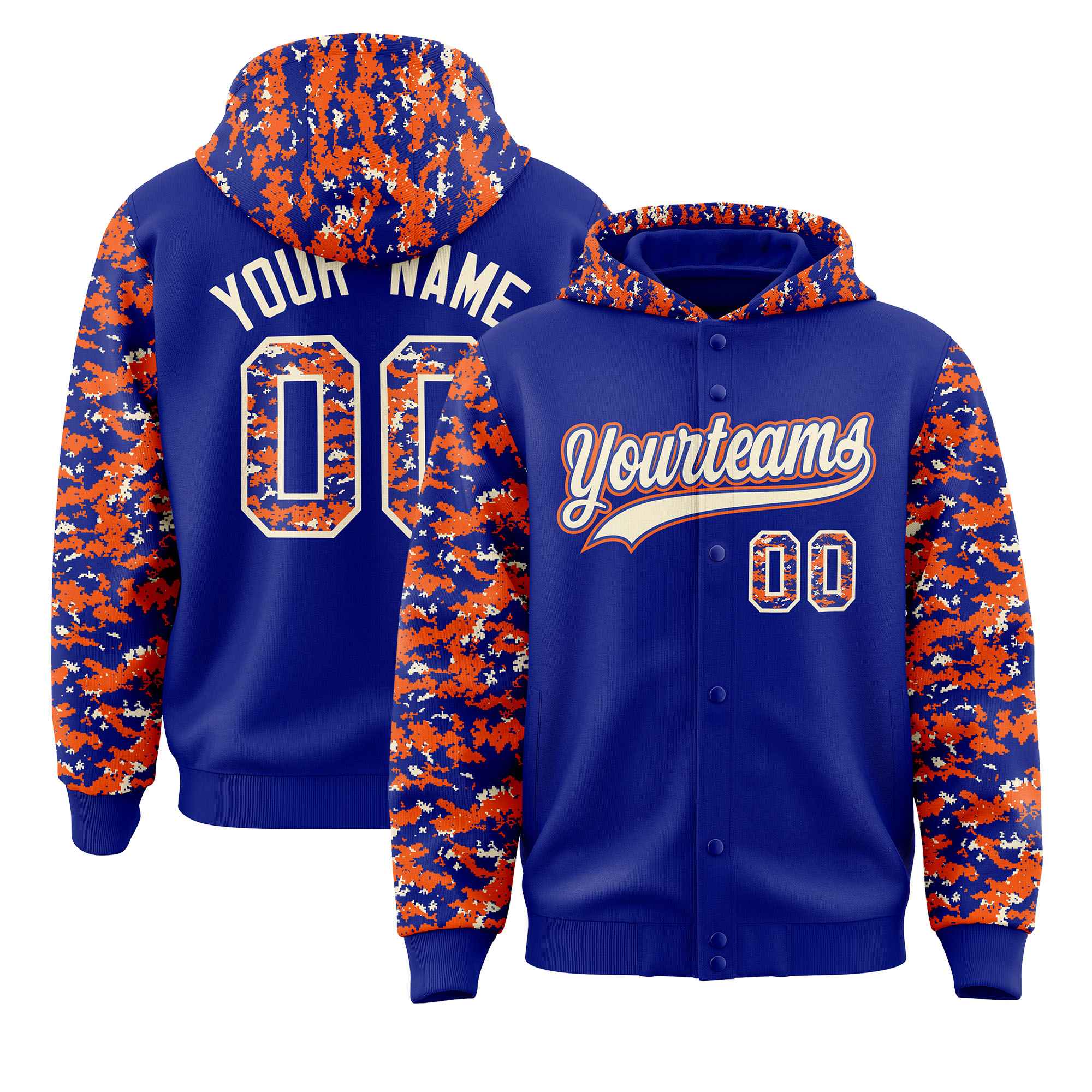 Custom Royal Orange-Cream Raglan Sleeves Varsity Full-Snap Letterman Camo Hoodie Jacket