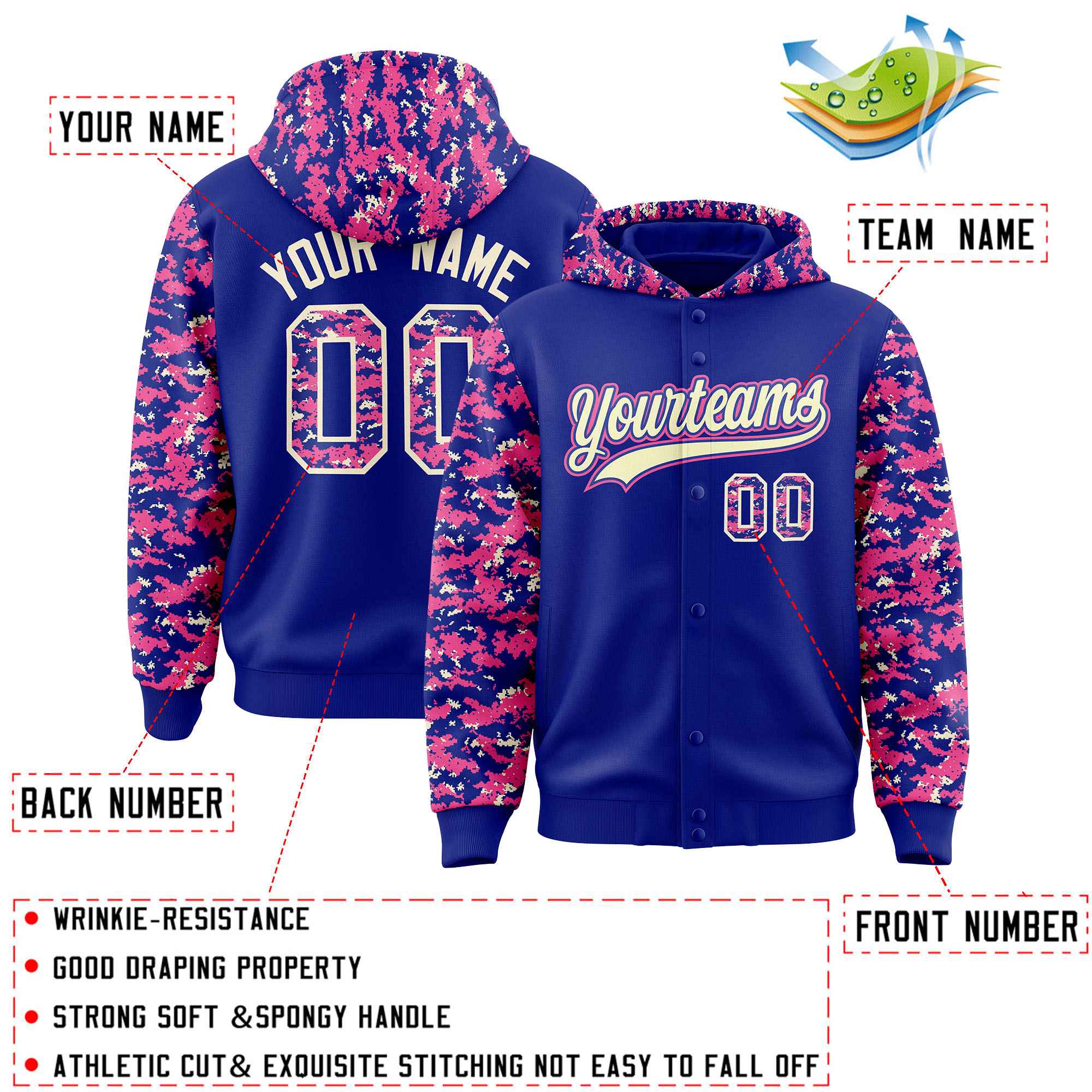 Custom Royal Pink-Cream Raglan Sleeves Varsity Full-Snap Letterman Camo Hoodie Jacket