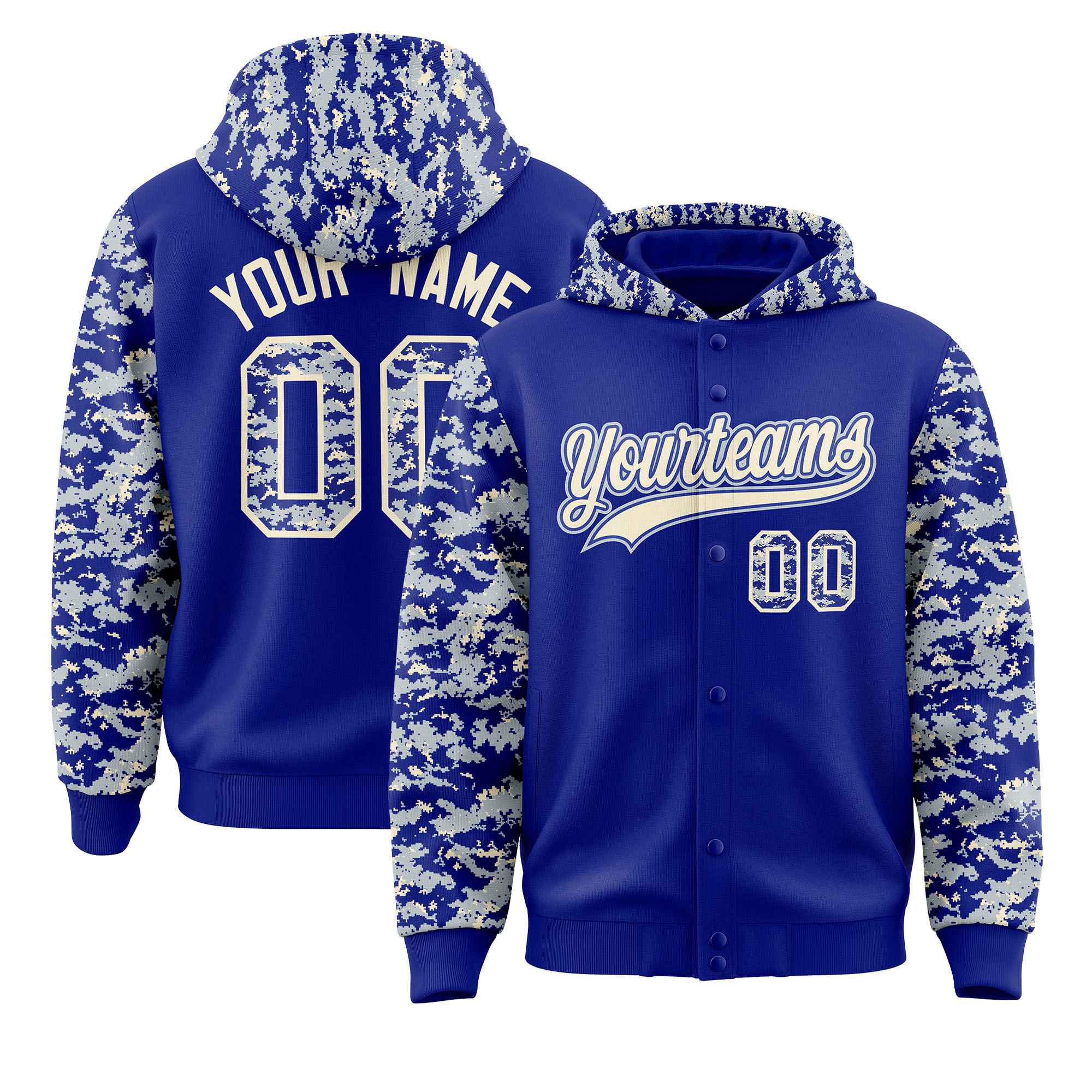 Custom Royal Silver-Cream Raglan Sleeves Varsity Full-Snap Letterman Camo Hoodie Jacket