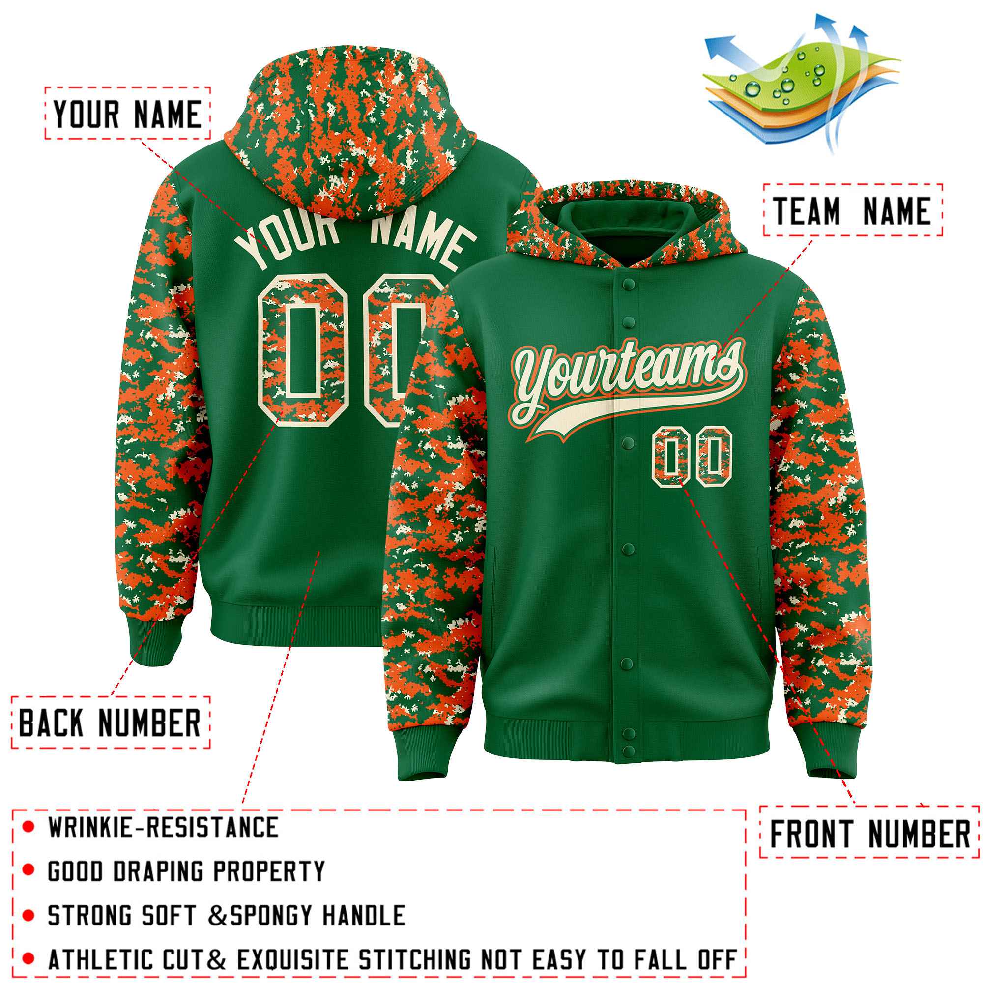 Custom Kelly Green Orange-Cream Raglan Sleeves Varsity Full-Snap Letterman Camo Hoodie Jacket