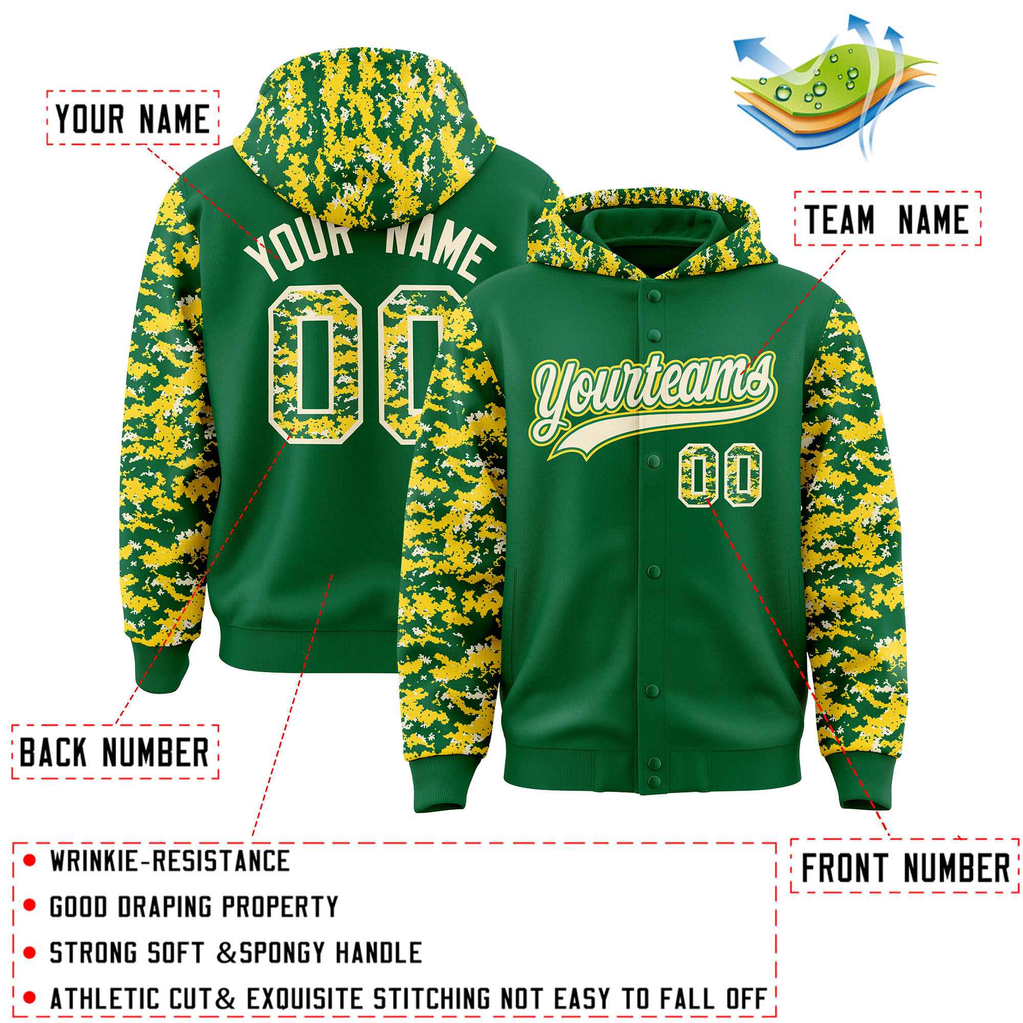 Custom Kelly Green Gold-Cream Raglan Sleeves Varsity Full-Snap Letterman Camo Hoodie Jacket