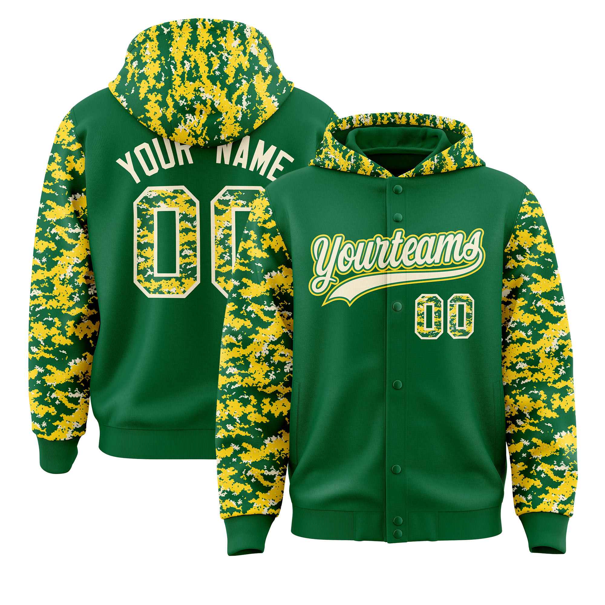 Custom Kelly Green Gold-Cream Raglan Sleeves Varsity Full-Snap Letterman Camo Hoodie Jacket