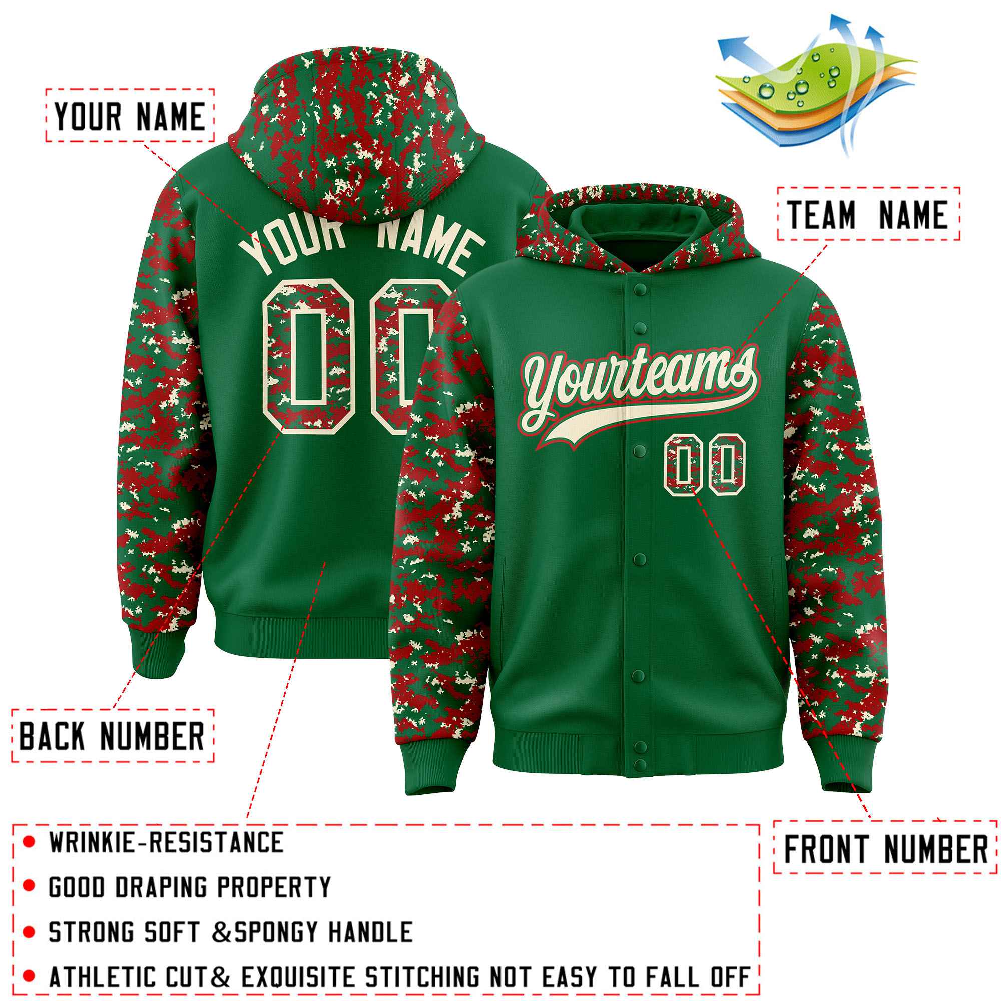 Custom Kelly Green Red-Cream Raglan Sleeves Varsity Full-Snap Letterman Camo Hoodie Jacket