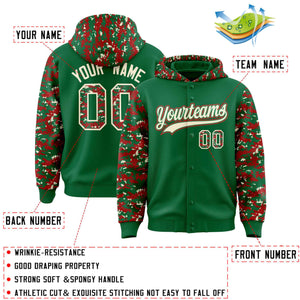 Custom Kelly Green Red-Cream Raglan Sleeves Varsity Full-Snap Letterman Camo Hoodie Jacket