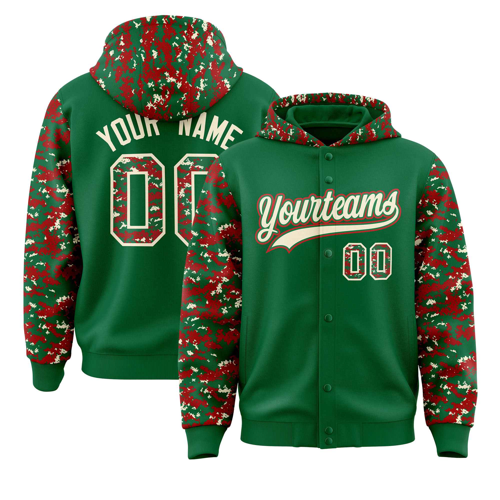 Custom Kelly Green Red-Cream Raglan Sleeves Varsity Full-Snap Letterman Camo Hoodie Jacket