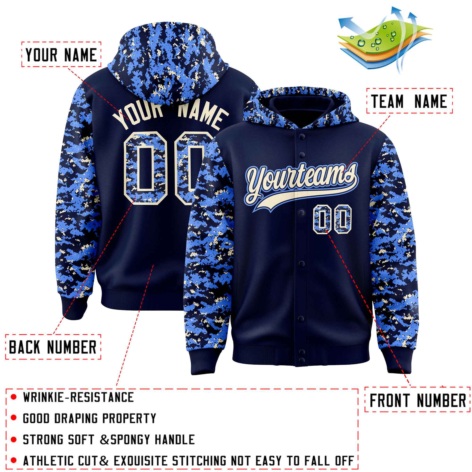 Custom Navy Powder Blue-Cream Raglan Sleeves Varsity Full-Snap Letterman Camo Hoodie Jacket