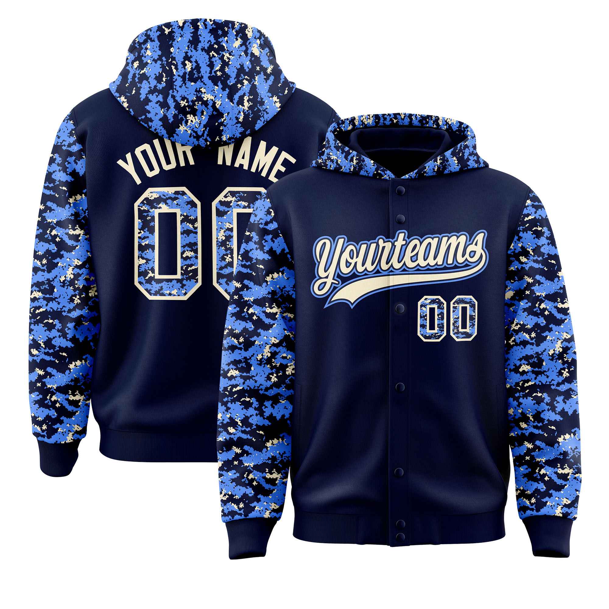 Custom Navy Powder Blue-Cream Raglan Sleeves Varsity Full-Snap Letterman Camo Hoodie Jacket