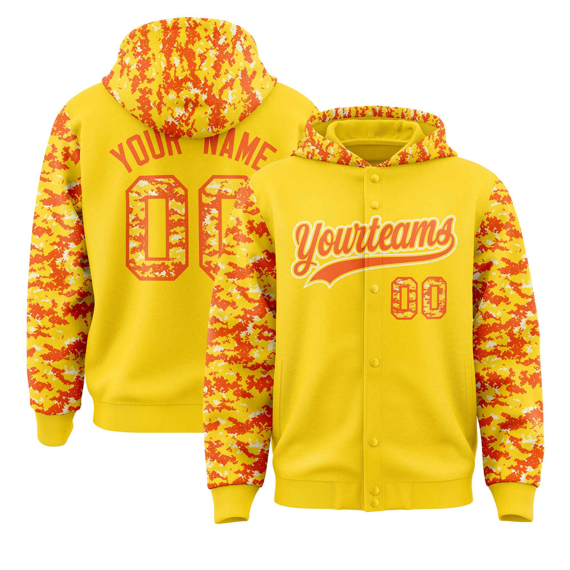 Custom Gold Orange-Cream Raglan Sleeves Varsity Full-Snap Letterman Camo Hoodie Jacket