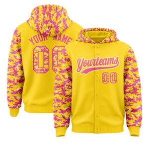 Custom Gold Pink-Cream Raglan Sleeves Varsity Full-Snap Letterman Camo Hoodie Jacket