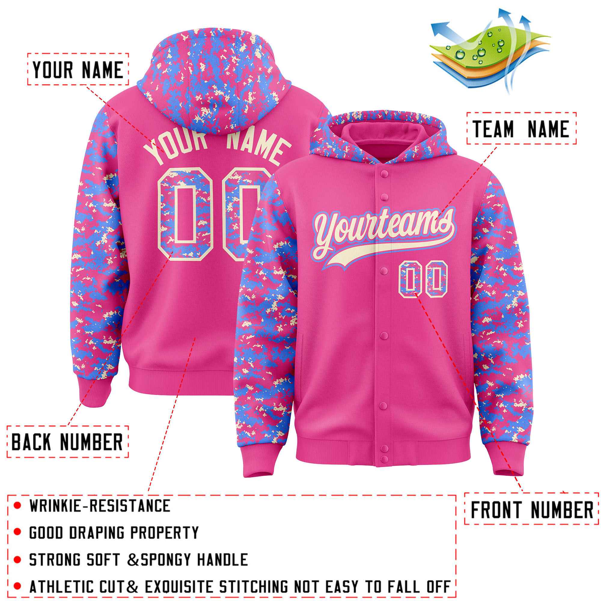 Custom Pink Powder Blue-Cream Raglan Sleeves Varsity Full-Snap Letterman Camo Hoodie Jacket