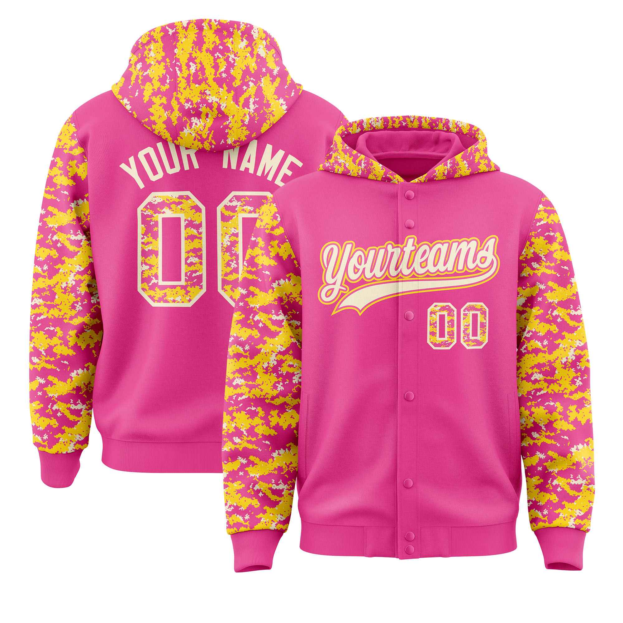 Custom Pink Gold-Cream Raglan Sleeves Varsity Full-Snap Letterman Camo Hoodie Jacket