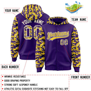 Custom Purple Gold-Cream Raglan Sleeves Varsity Full-Snap Letterman Camo Hoodie Jacket