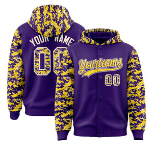 Custom Purple Gold-Cream Raglan Sleeves Varsity Full-Snap Letterman Camo Hoodie Jacket