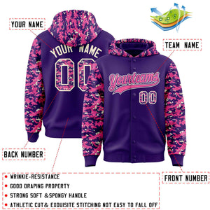 Custom Purple Pink-Cream Raglan Sleeves Varsity Full-Snap Letterman Camo Hoodie Jacket