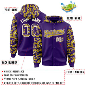 Custom Purple Old Gold-Cream Raglan Sleeves Varsity Full-Snap Letterman Camo Hoodie Jacket