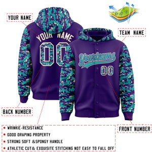 Custom Purple Aqua-Cream Raglan Sleeves Varsity Full-Snap Letterman Camo Hoodie Jacket