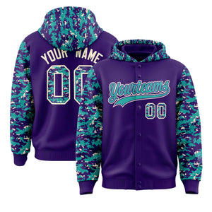 Custom Purple Aqua-Cream Raglan Sleeves Varsity Full-Snap Letterman Camo Hoodie Jacket