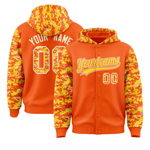 Custom Orange Gold-Cream Raglan Sleeves Varsity Full-Snap Letterman Camo Hoodie Jacket