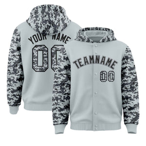 Custom Silver Gray-Black Raglan Sleeves Varsity Full-Snap Letterman Camo Hoodie Jacket