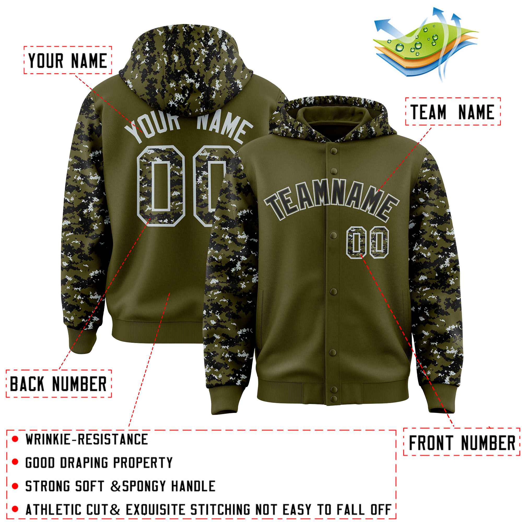 Custom Olive Black-Silver Raglan Sleeves Varsity Full-Snap Letterman Camo Hoodie Jacket