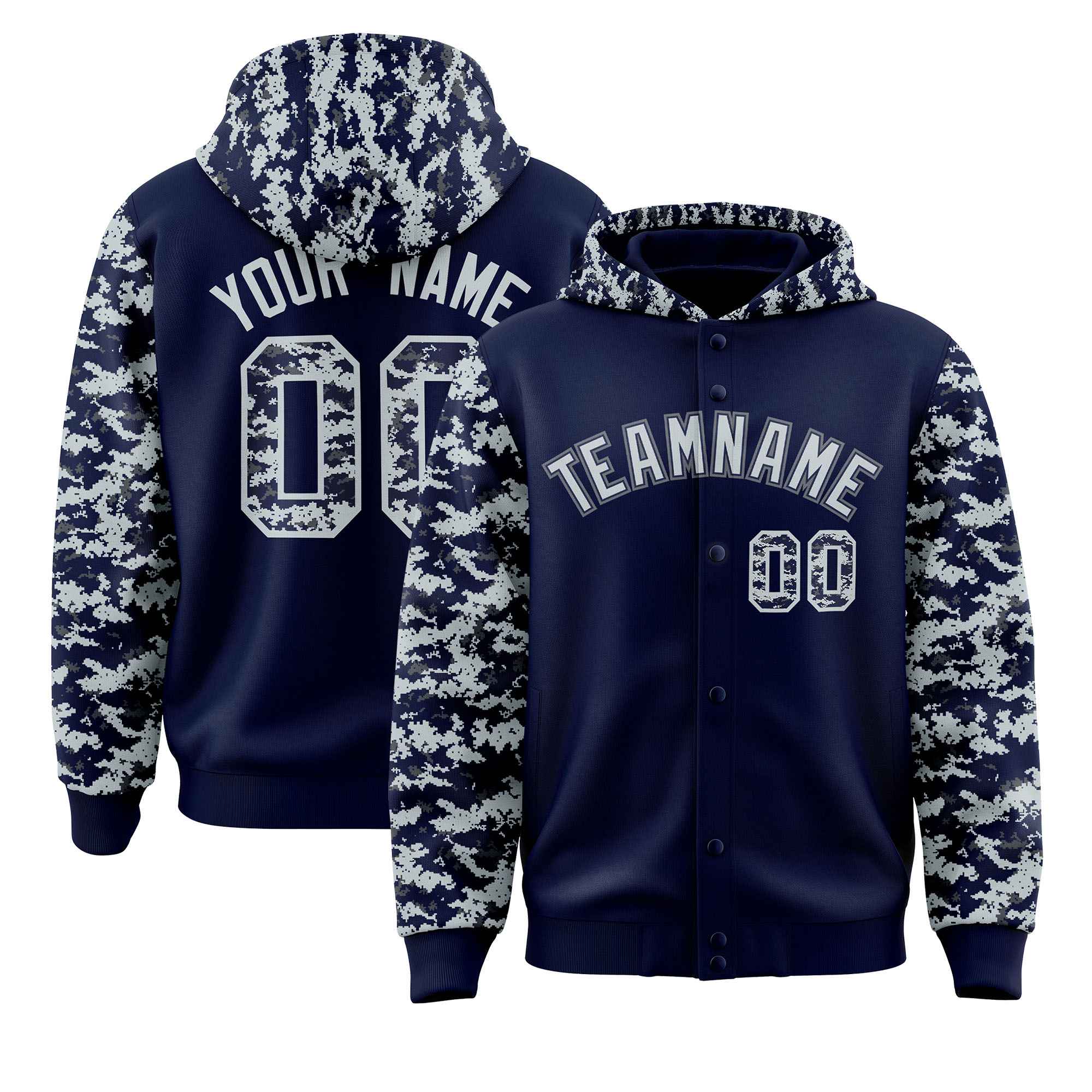 Custom Navy Silver-Gray Raglan Sleeves Varsity Full-Snap Letterman Camo Hoodie Jacket