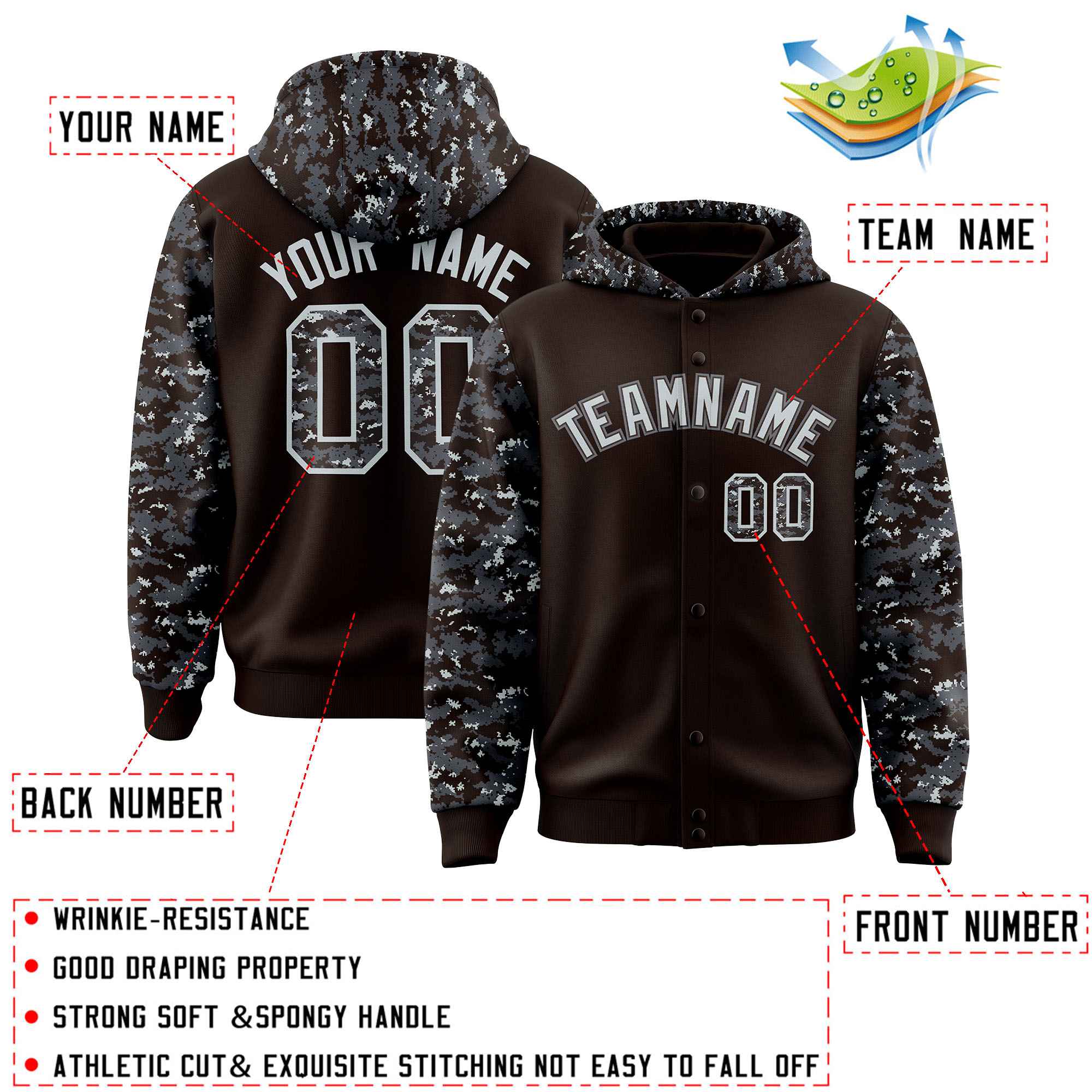 Custom Brown Gray-Silver Raglan Sleeves Varsity Full-Snap Letterman Camo Hoodie Jacket