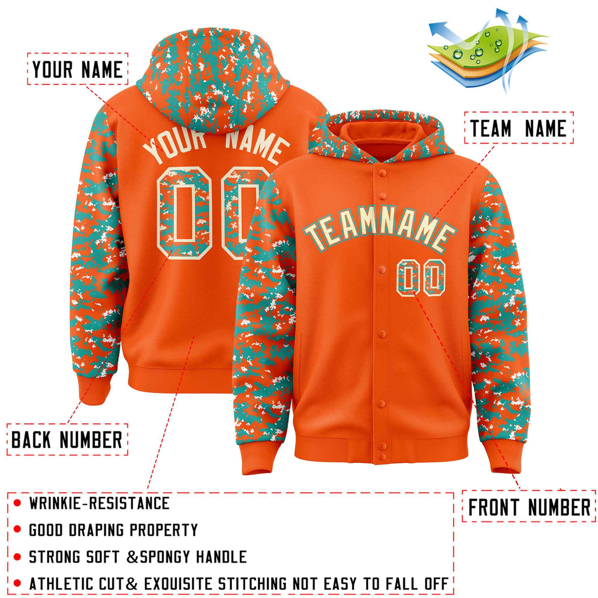 Custom Orange Aqua-Cream Raglan Sleeves Varsity Full-Snap Letterman Camo Hoodie Jacket