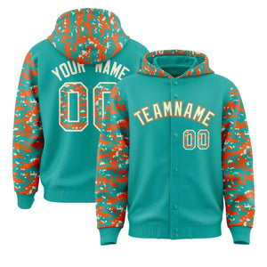 Custom Aqua Orange-Cream Raglan Sleeves Varsity Full-Snap Letterman Camo Hoodie Jacket