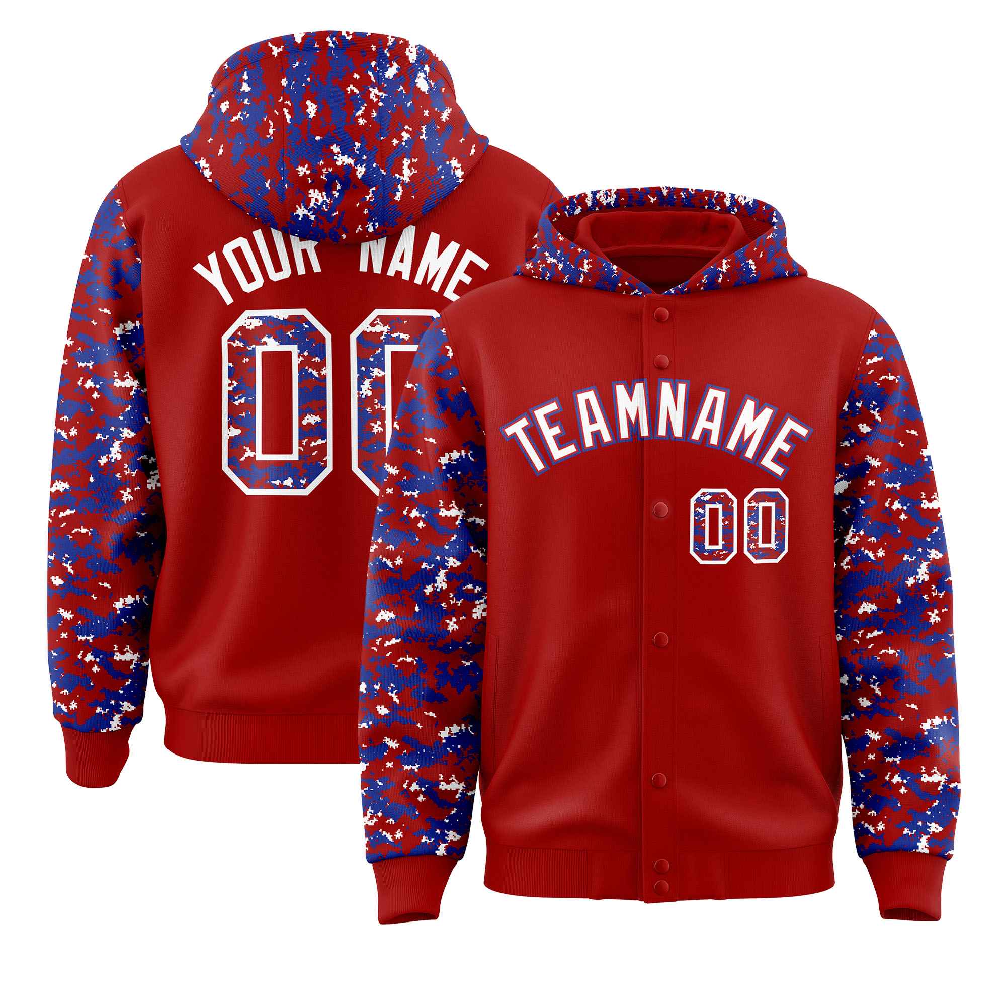 Custom Red Royal-White Raglan Sleeves Varsity Full-Snap Letterman Camo Hoodie Jacket