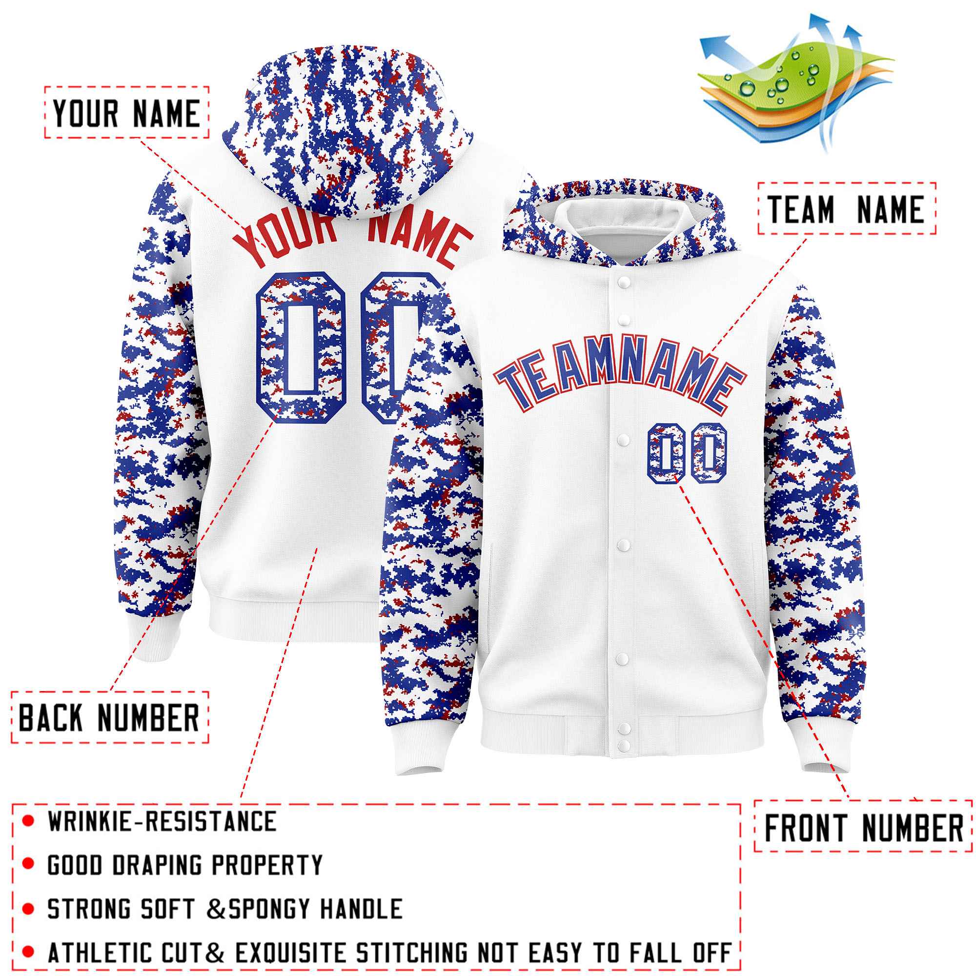 Custom White Royal-Red Raglan Sleeves Varsity Full-Snap Letterman Camo Hoodie Jacket